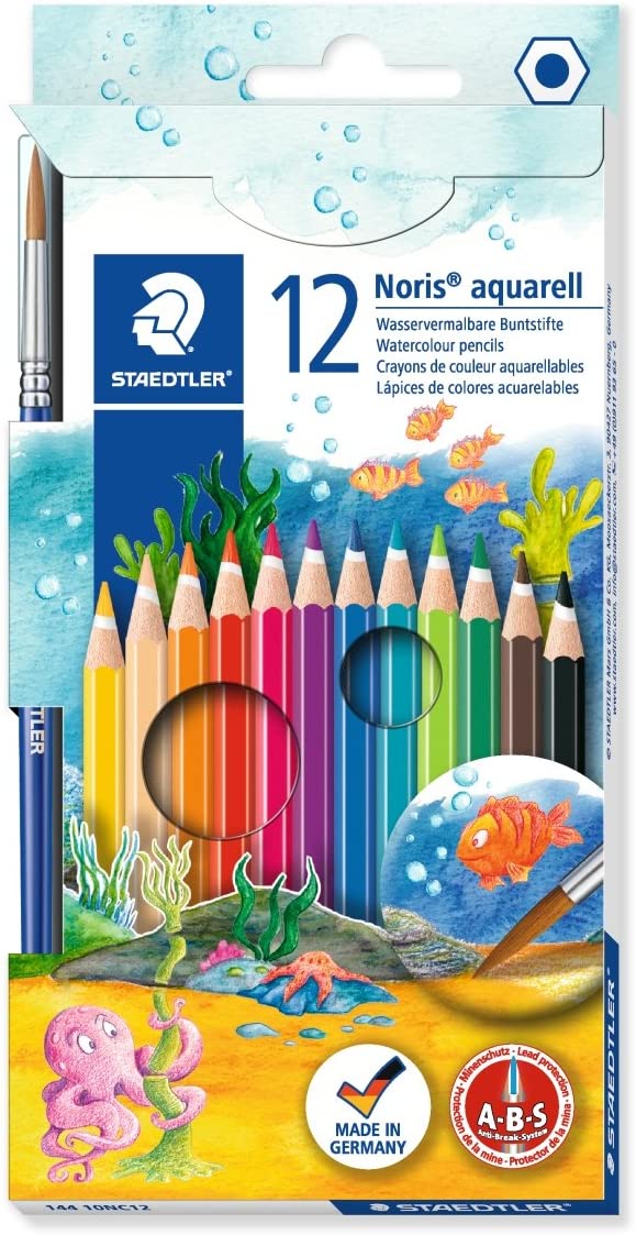Staedtler Noris aquarell Pack de 12 Lapices de Colores Hexagonales + Pincel - Madera de Bosques Sostenibles - Colores Surtidos
